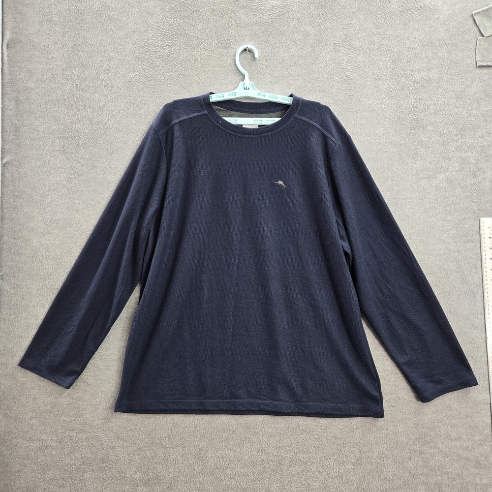 Tommy Bahama Men Shirt XL Blue Fish Embroidery Waffle Knit Long Sleeve